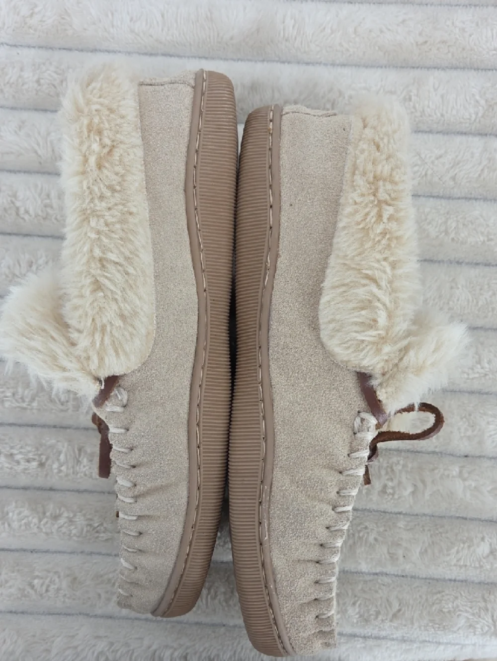 J. Crew Cream Faux-Fur Lined Kids Moccasins with Brown Lace Bows